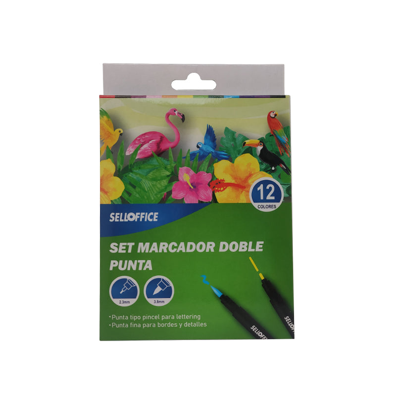 Marcador Doble Punta Fina 12 Colores